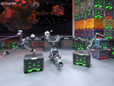 Futuristic Robotic Arm with Sci-Fi Storage Crates 3D model