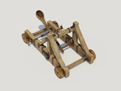 Catapult PBR 4K wooden cart Low-poly 3D model