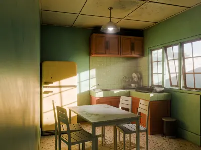 Kitchen with yellow refrigerator and green wall Low-poly 3D model