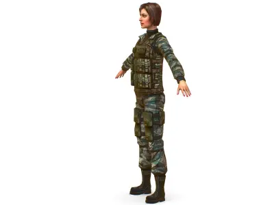 A young girl in army camouflage Low-poly 3D model