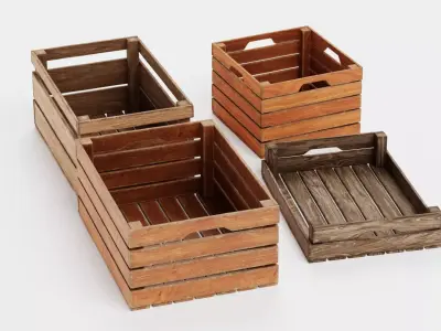 Wooden Boxes - 4 Open Slatted Storage Crates 3D model