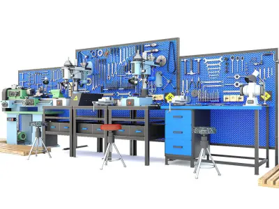 Industrial workbench garage tools and TV4 lathe drilling machine 3D model