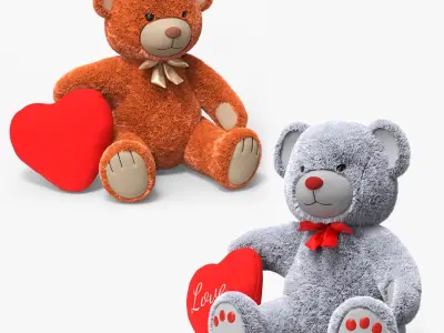 Teddy Bears with Heart Fur Collection 3D model