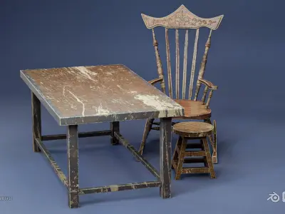 Old Chair-Old Stool and Old Table Free low-poly 3D model