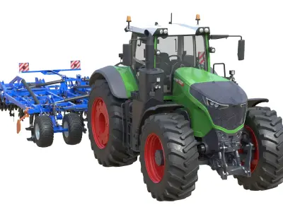 Fendt 1050 Vario Tractor with Star Wheel Soil Cultivator Low-poly 3D model