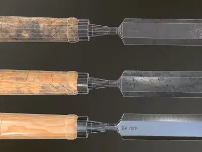Chisel Low-poly 3D model three woodworking tools Low-poly 3D model