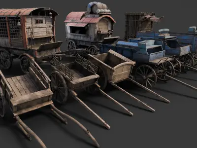 Medieval Wooden Carts and Wagons pack Low-poly 3D model
