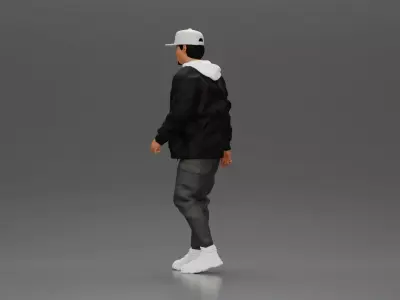 urban man walking in black jacket white hoodie cap and sneakers 3D print model