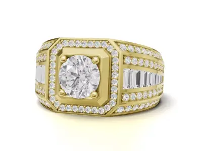 Mens Solitaire Diamond And Baguette Statement Ring 3D print model