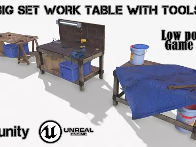 BIG SET WORK TABLE WITH TOOLS Low-poly 3D model