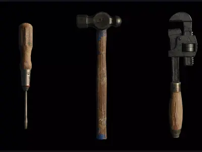 Vintage Tools Set  PBR 3D Model Baked from High Poly Low-poly 3D model