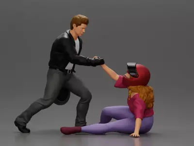 motorbike holding helmet helps girl who fell off bike stand up 3D print model