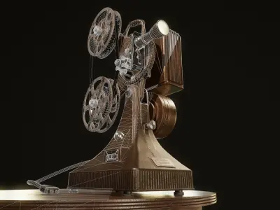 Vintage projector with table and storage box Low-poly 3D model