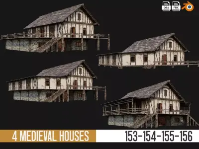 4 Old Medieval House Pack 4K Textures GameReady 153 to 156 Low-poly 3D model