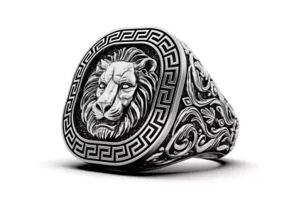 Royal Lion Head Signet Ring with Greek Key Pattern 3D print model
