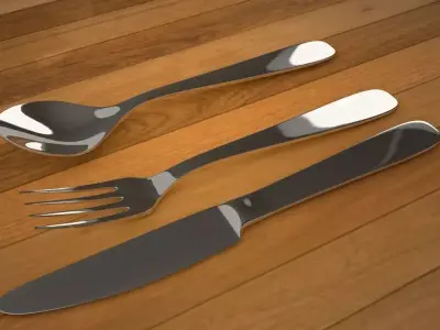3D Spoon Set of silverware on wooden table 3D model