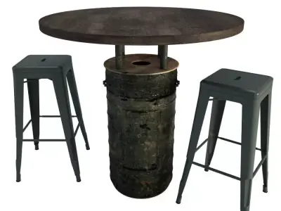 Black Barrel Table and Tolix Barstools 3D model