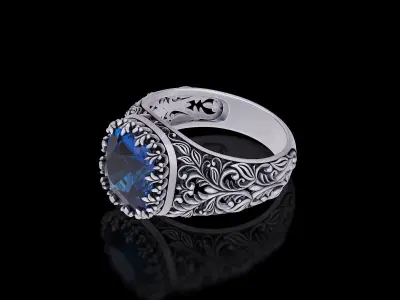 Cushion gem antique floral carving filigree ring 3D print model