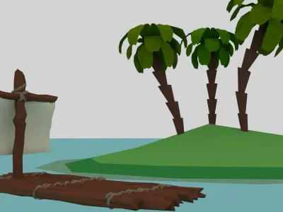 Wooden Raft with island Low-poly 3D model