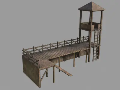 Barracks wooden structure with stairs and tower Low-poly 3D model