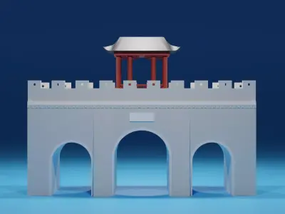 Chinese Stone Bridge Gate and Pavilion Low-poly 3D model