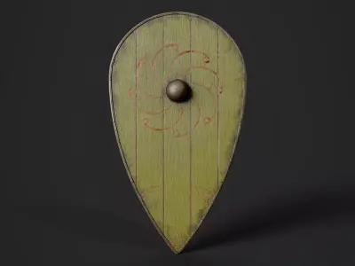 Slavic kite wooden shield-painted yellow with radial symbol Low-poly 3D model