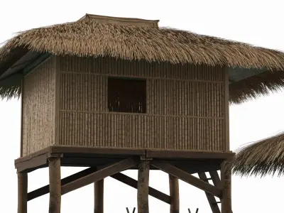 Overwater Bamboo Huts with Connecting Deck and Raft 3D model