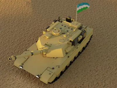Abrams tank in desert with flag Low-poly 3D model