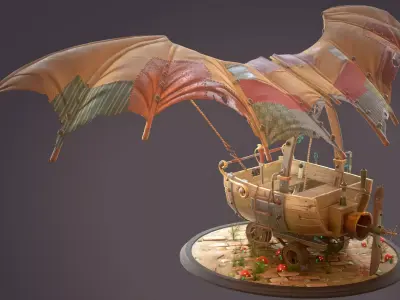 Cartoon sci-fi hand-drawn style flying car Low-poly 3D model