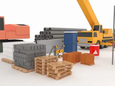 Collection building machinery and materials Stylized lowpoly Low-poly 3D model