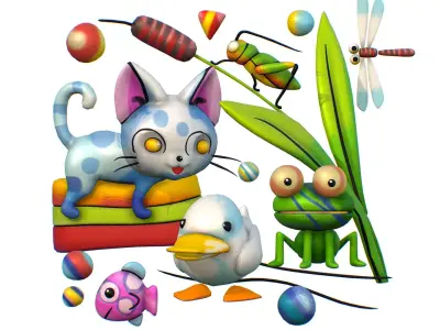 Cartoon 3D illustration Cat Duck Frog Fish Low-poly 3D model