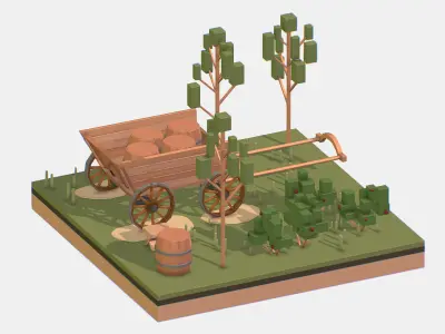 Isometric Village Wood Cart Barrel  Low-poly 3D model