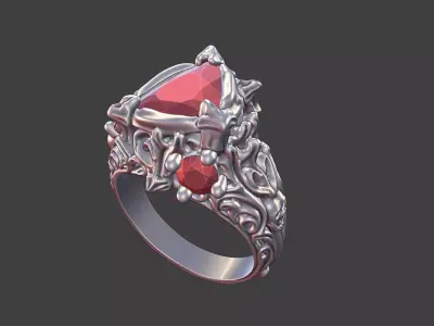 asymetrycal gothic silver ring trillion gemstone ring 3D print model