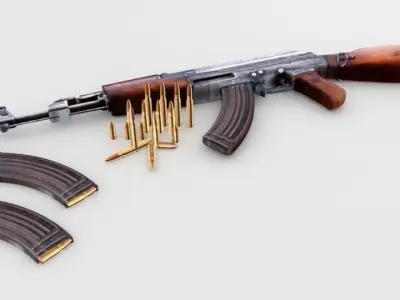 AK-47 with Bullets and Two Cartridges Low-poly 3D model