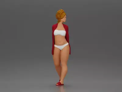 Chic woman in a red shirt and white confidently walking 3D print model