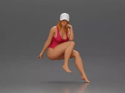 Woman in Swimsuit and Cap Sitting Thoughtfully in Relaxed Pose 3D print model