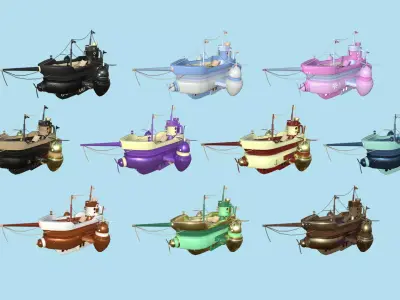10 Cartoon Airships Collection - Low Poly Ship 3D Model Pack