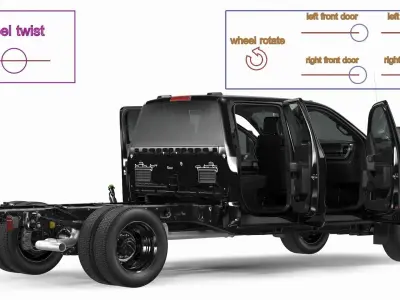 Four Doors Black Chassis Cab Rigged for Maya 3D model