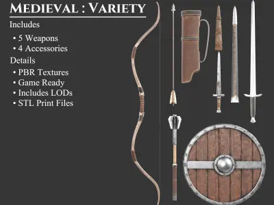 Medieval Collection Essential Weapons Variety 3D Model Pack