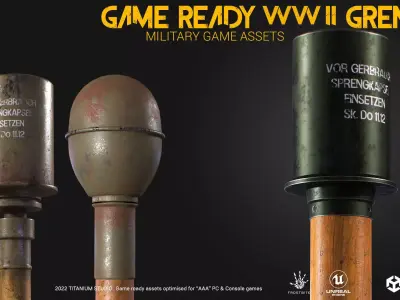 3 Game Ready WW II Grenades Low-poly 3D model