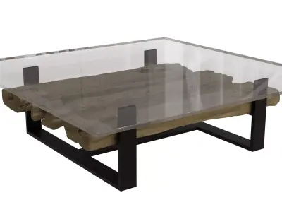Glass Black Metal Table With Wooden Bark 3D model