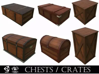 Pack of 6 Medieval Wooden Chests and Crates Low-poly 3D model