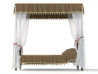 Traditional Asian Canopy Bed with Decorative Drapes 3D model