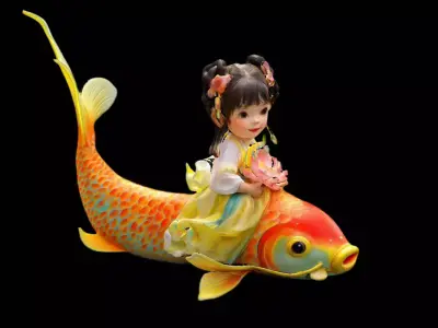 Chinese Girl with Fish Doll  Low-poly 3D model