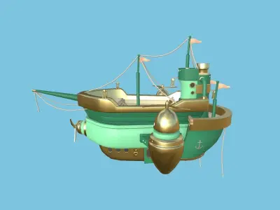 Cartoon Airship 04 - Green Gold - Low Poly Ship Low-poly 3D model