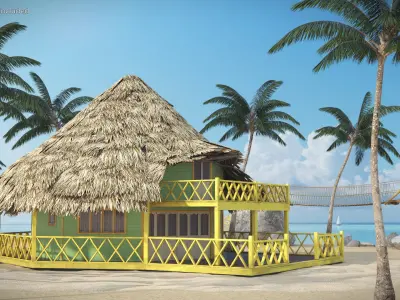 Beach Bungalow with Thatched Roof and Porch on Sand 3D model
