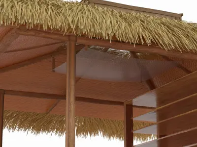 Tropical Service Tiki Bar with Thatch Roof and Wooden Stools Natural 3D model
