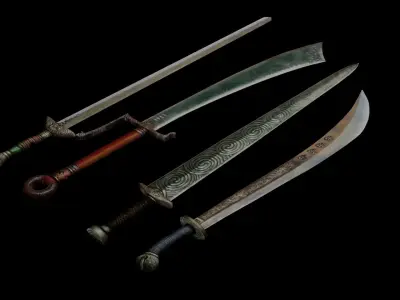 Lowpoly Swords three chinese Free low-poly 3D model