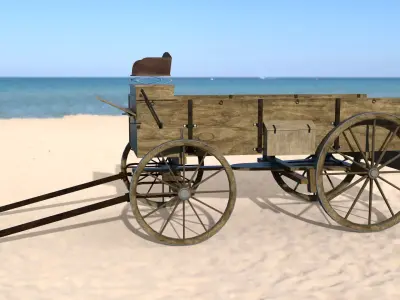 Wagon old wooden cart on beach Low-poly 3D model