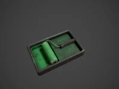 Paint Roller and Tray - Green Paint Low-poly 3D model